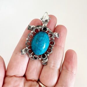 Mid Century Turtle Brooch Pendant Combo Signed Gerry’s simulated turquoise cab